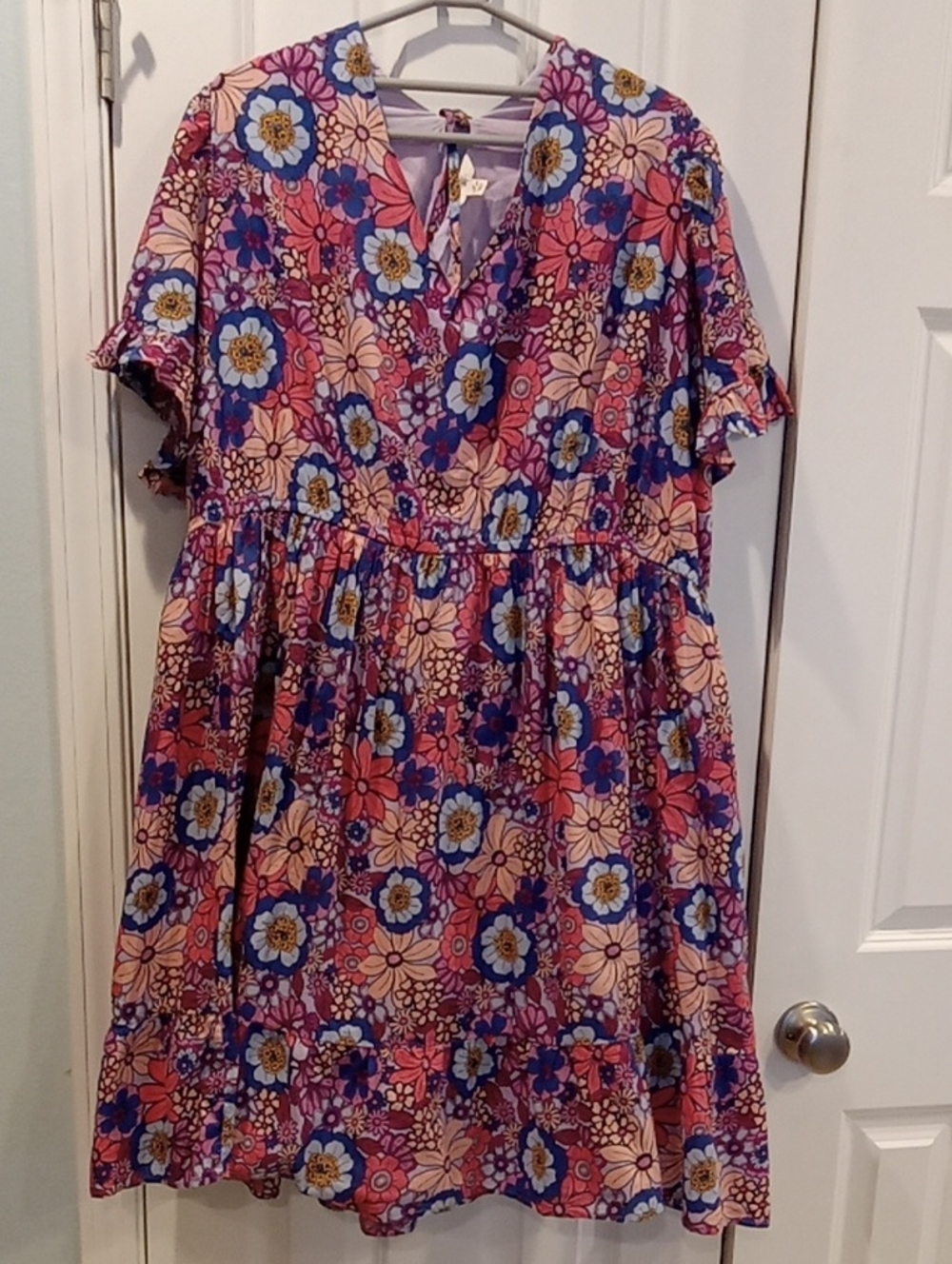 Terra & Sky Lavender Floral V-Neck Dress with Pink & Blue Accents